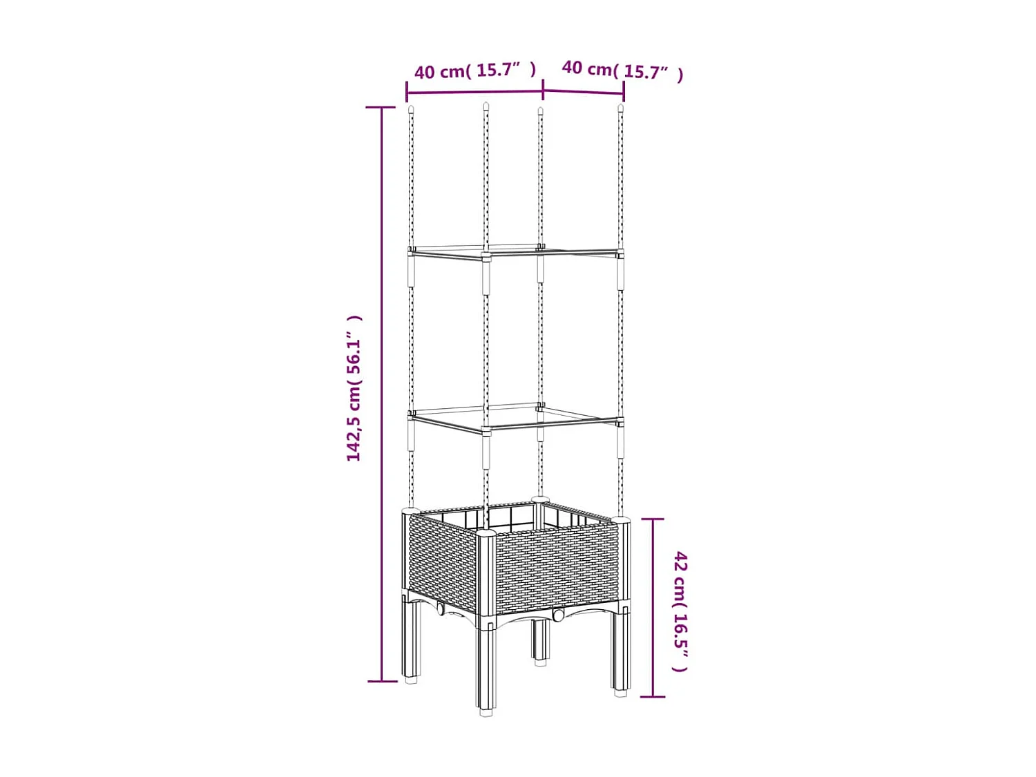 Jardinière avec treillis gris clair 40x40x142,5 PP