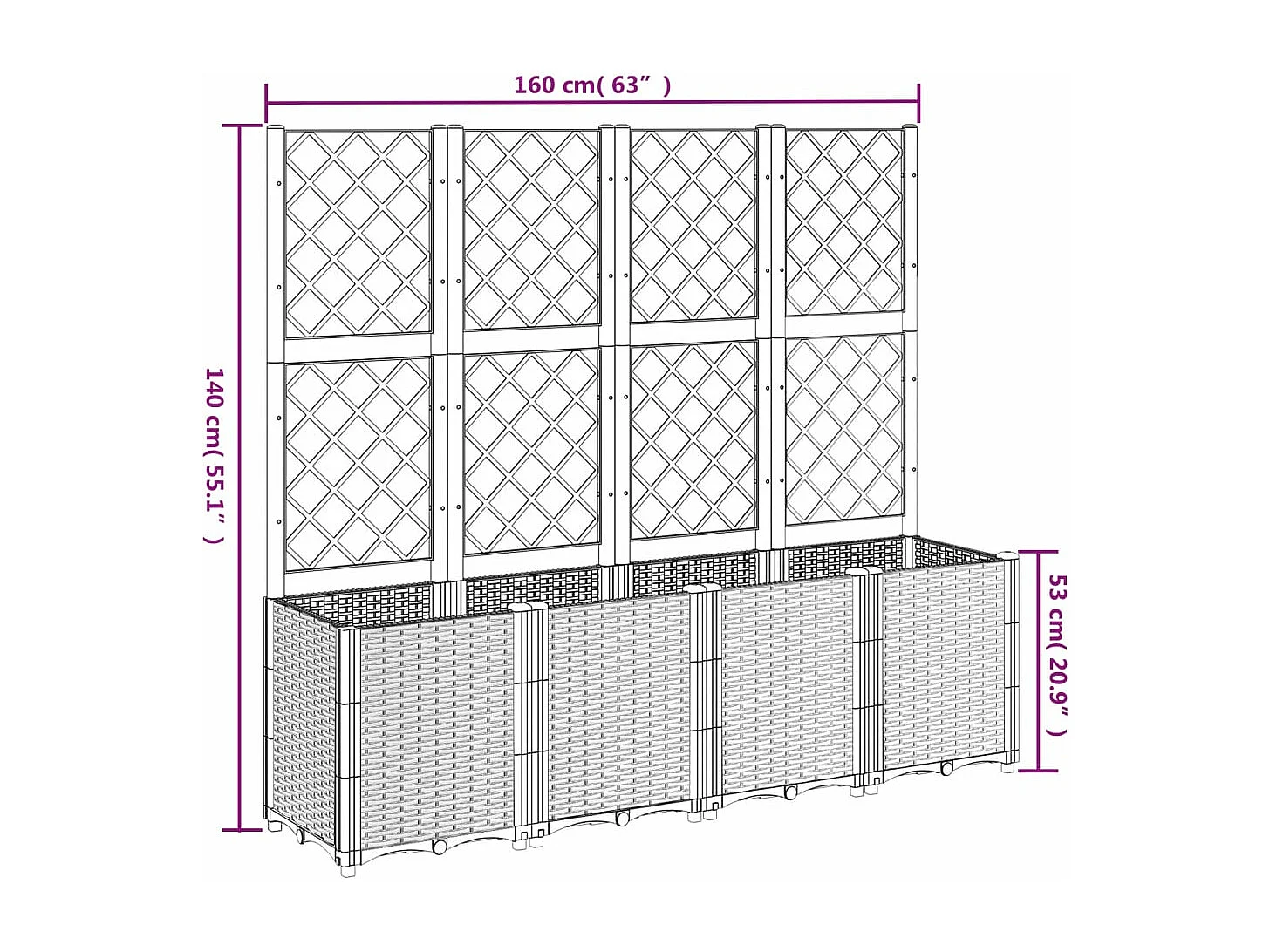 Jardinière avec treillis gris 160x40x140 PP