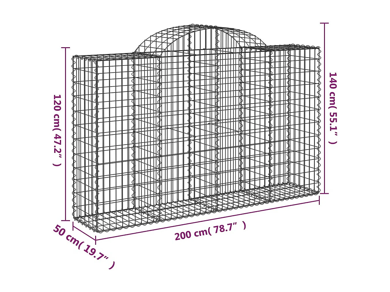 Paniers à gabions arqués 2 pcs 200x50x120-140 Fer galvanisé