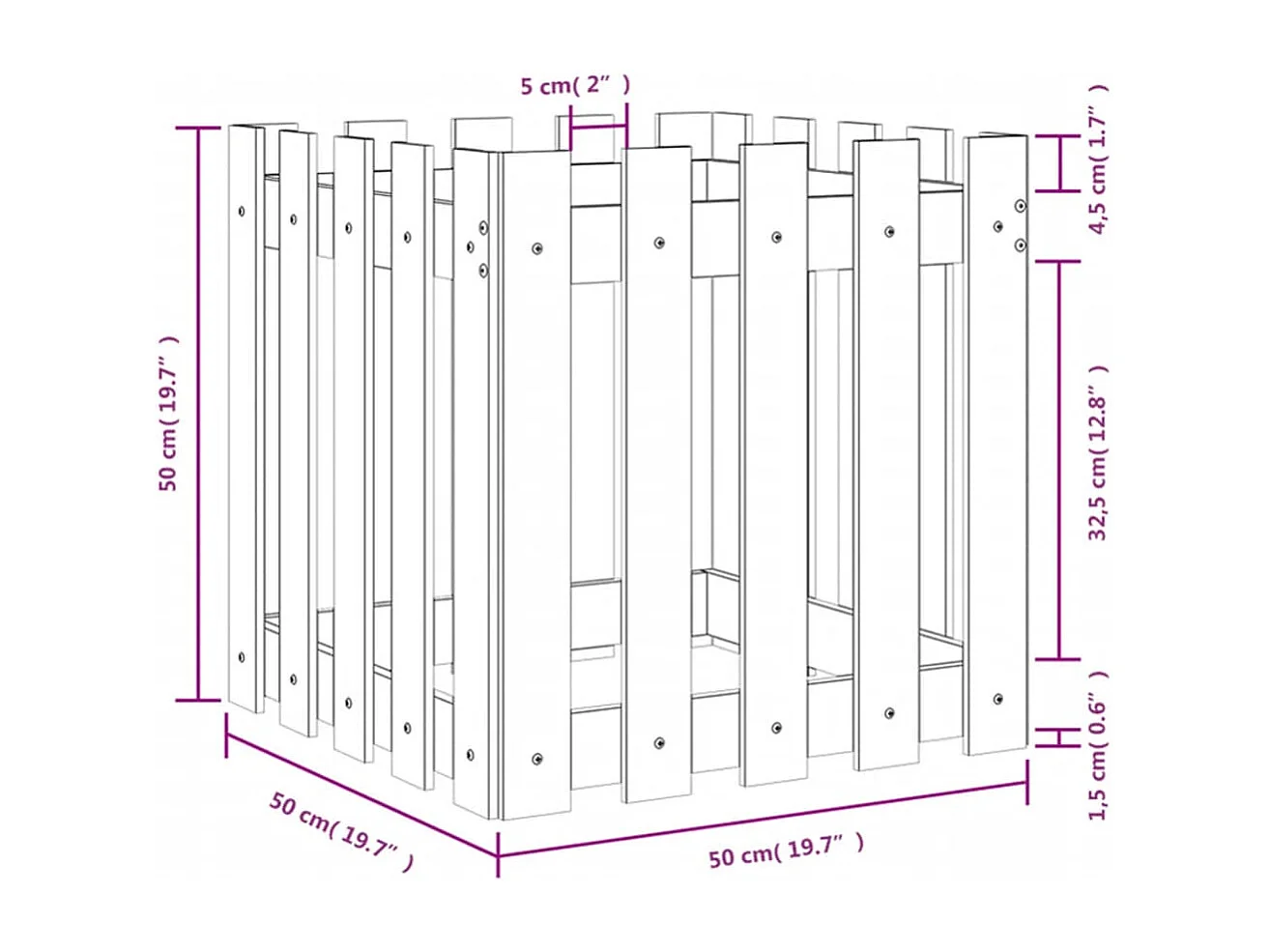 Jardinière avec design de clôture blanc 50x50x50 pin massif