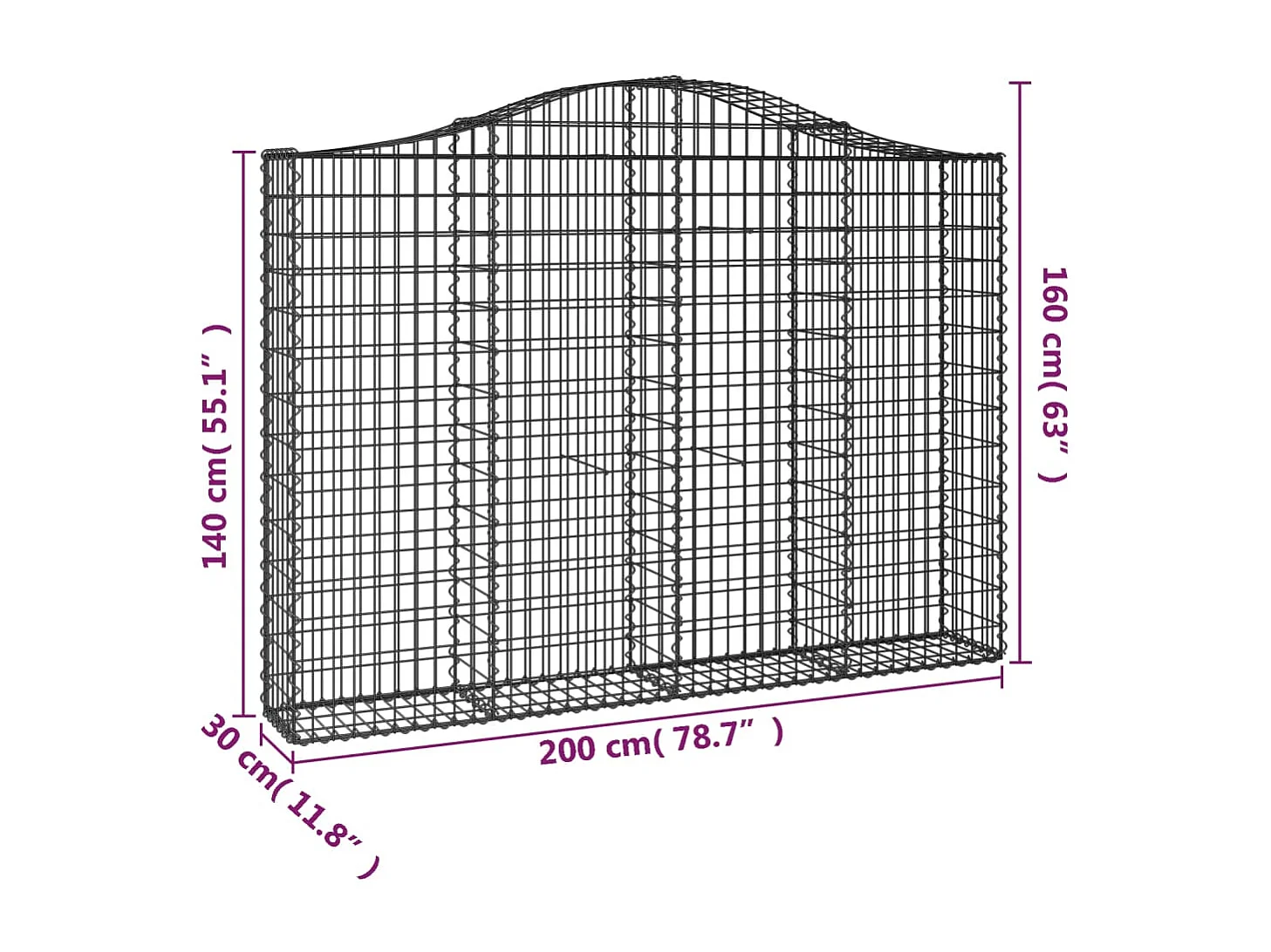 Panier de gabions arqué 200x30x140-160 Fer galvanisé