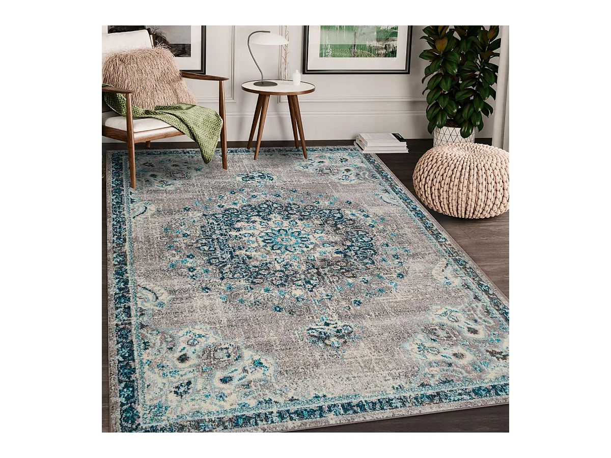 Tapis orient 200x290 rectangle bleu et bleu ciel tissé motif traditionnel OLDA