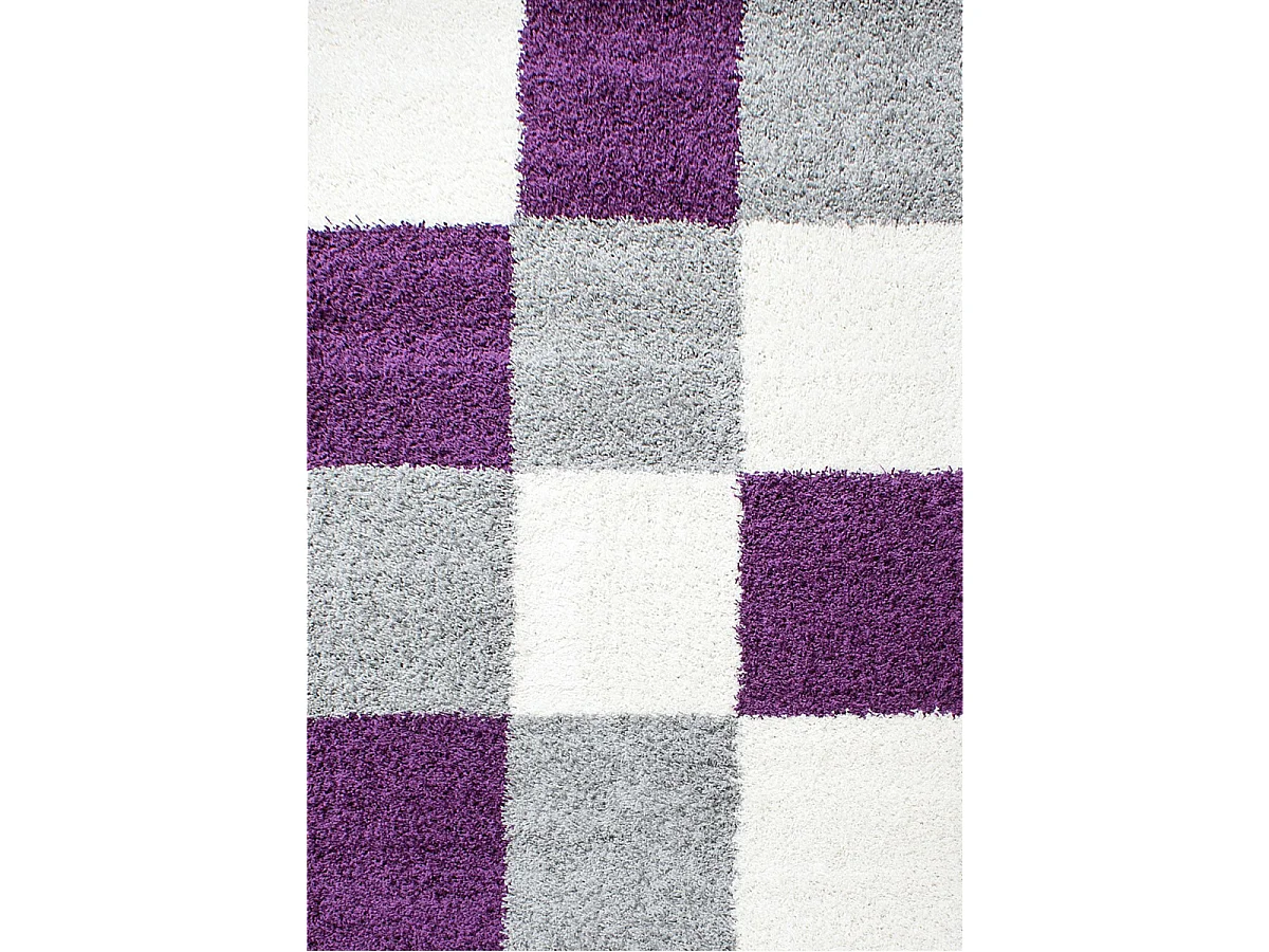 Tapis poils longs shaggy 120x170 rectangle tissé violet et gris motif damier