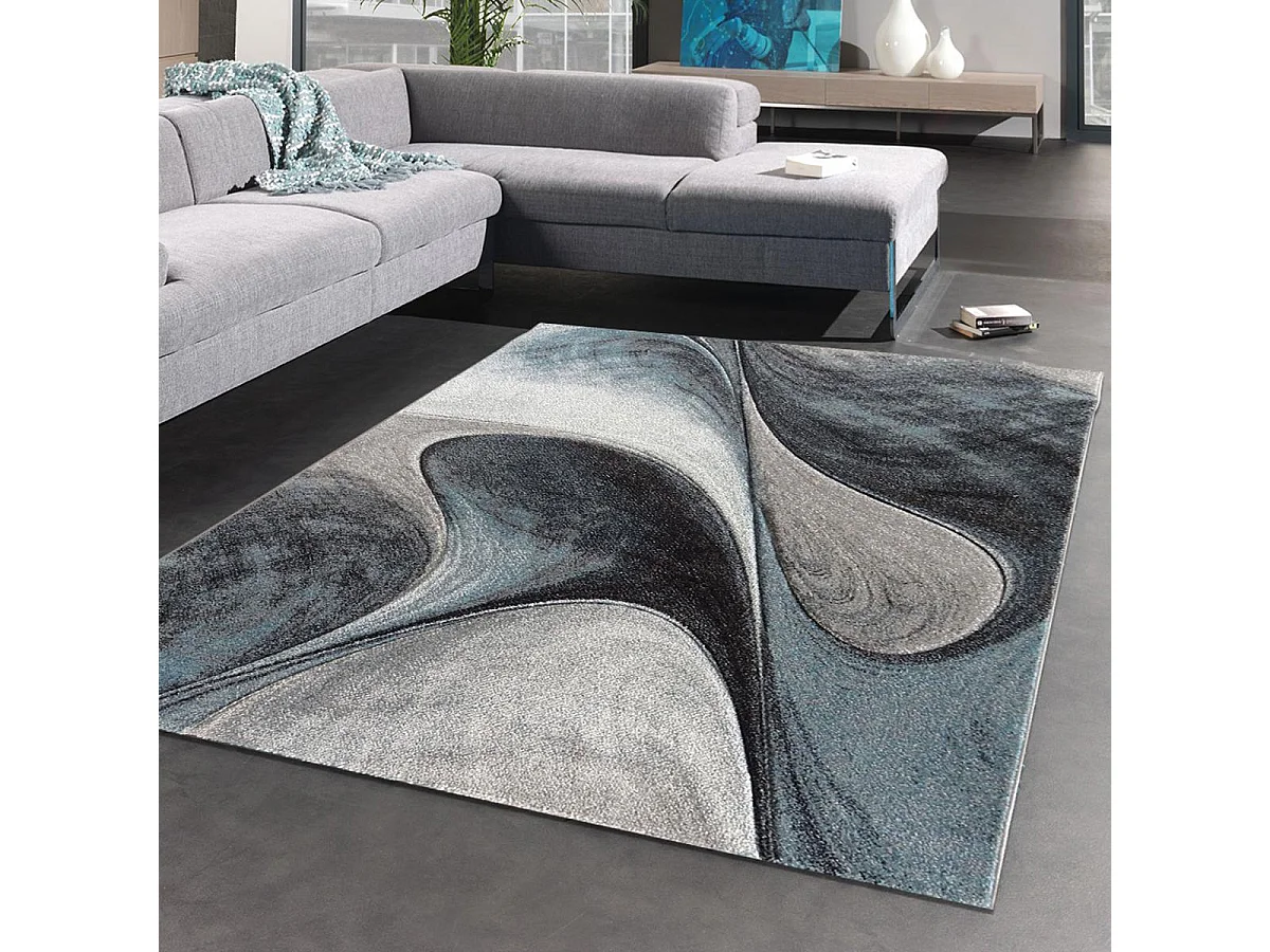tapis salle à manger 240x340 tissé bleu et gris rectangle motif géométrique