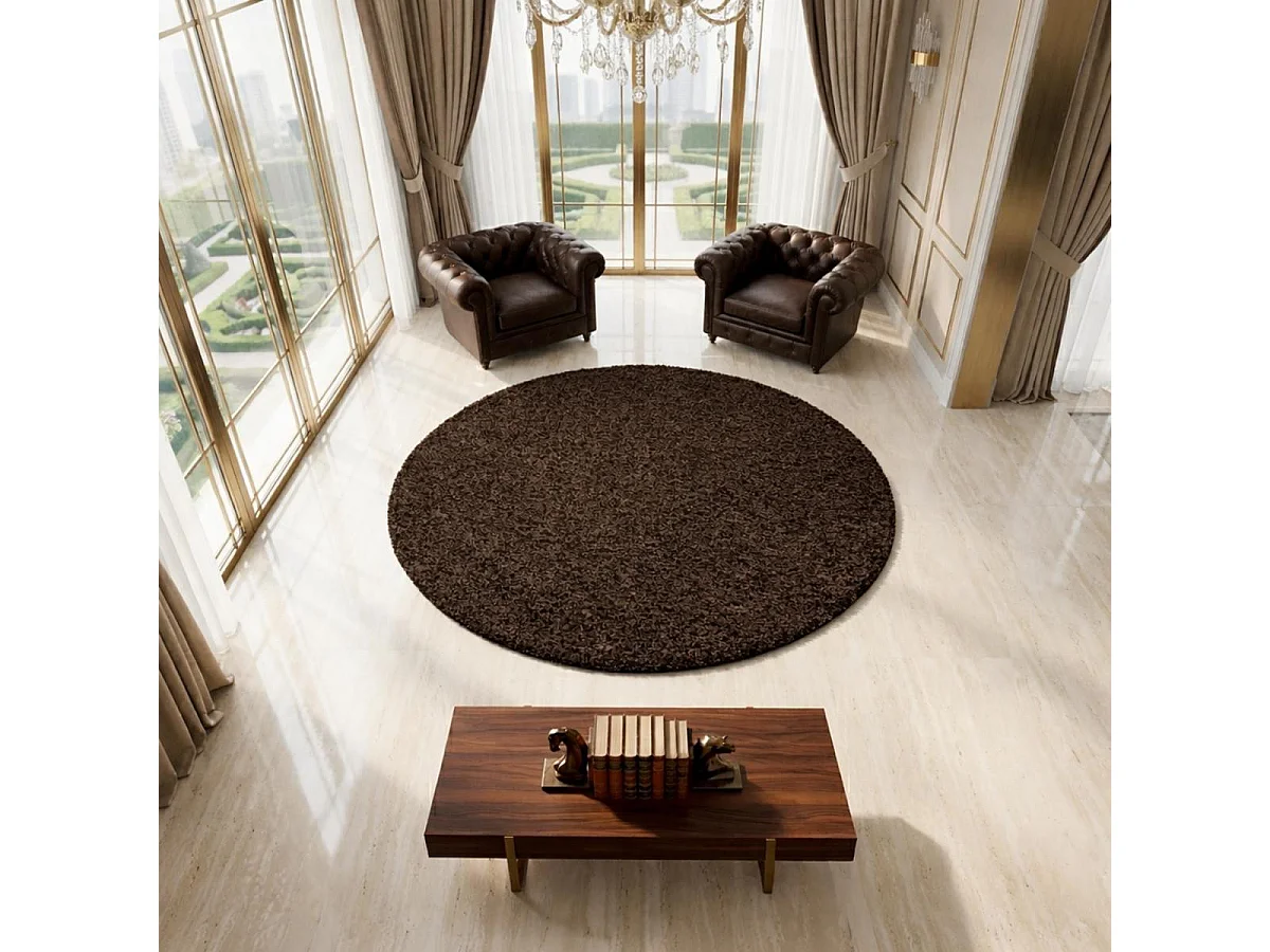 Tapis rond poils longs shaggy Ø160cm tissé marron motif uni UNI L