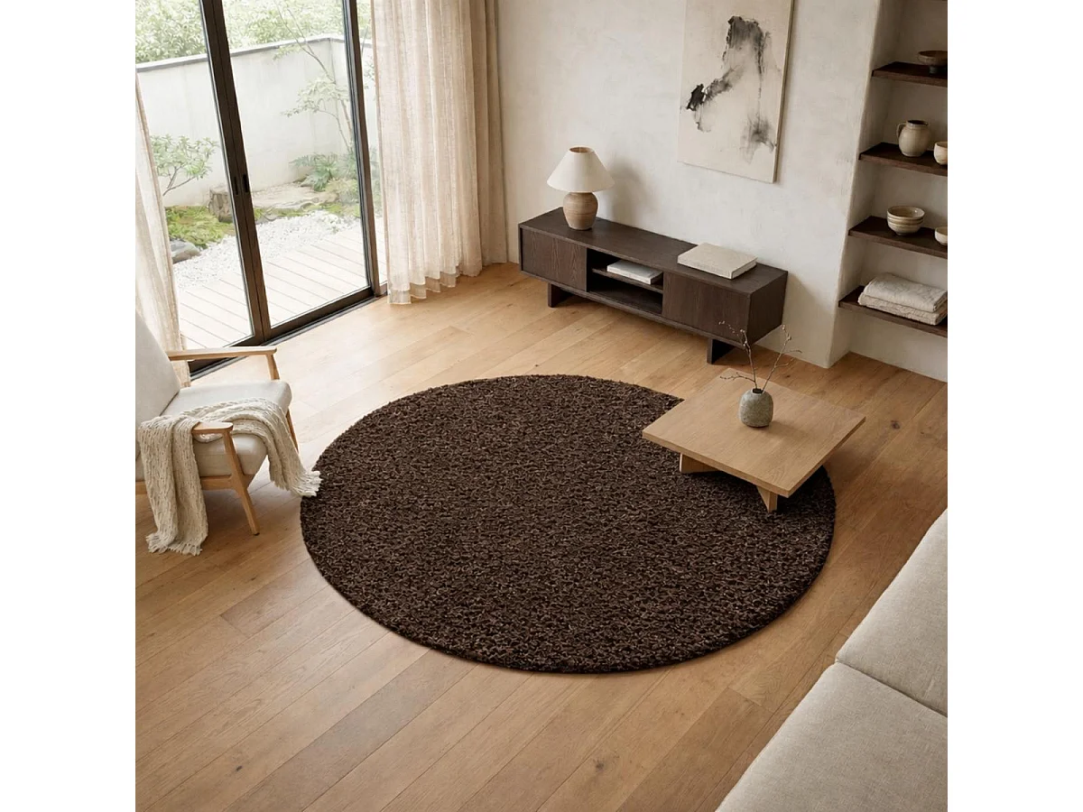 Tapis rond poils longs shaggy Ø160cm tissé marron motif uni UNI L