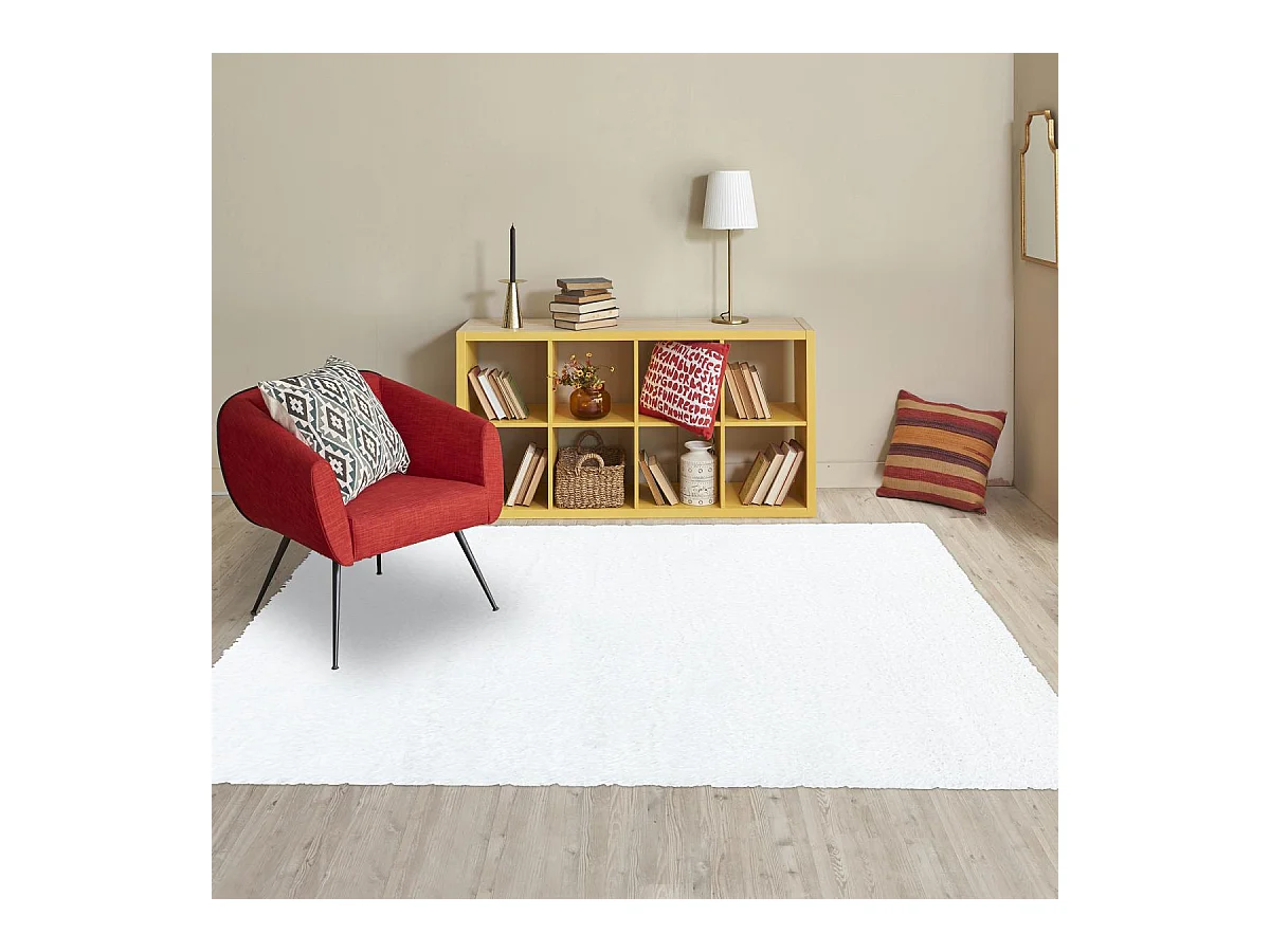 Tapis longs poils shaggy Ø120cm rond tissé blanc motif uni UNI A