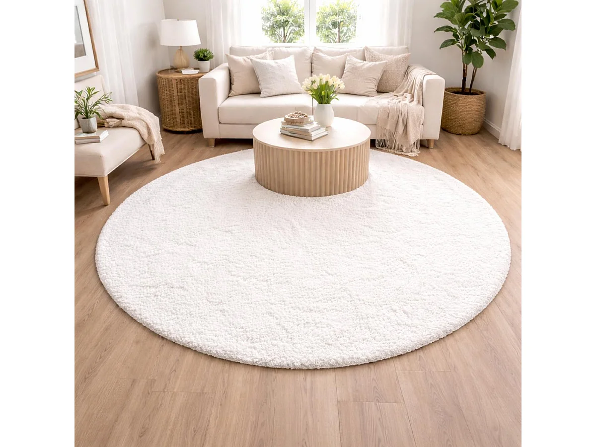 Tappeto Shaggy a pelo lungo Ø120cm tessuto rotondo bianco a tinta unita UNI A