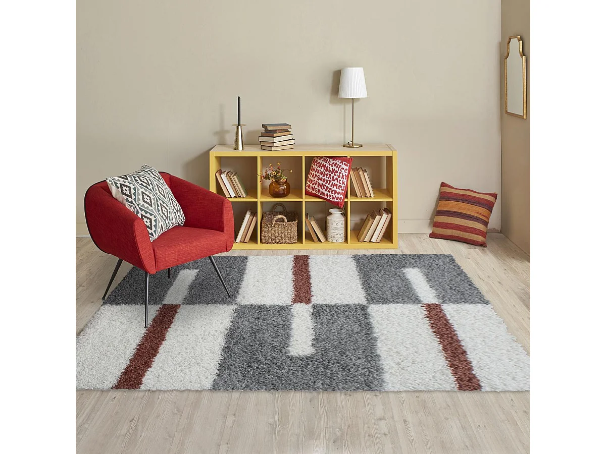 Tapis poils longs shaggy 60x110 rectangle tissé gris et crème