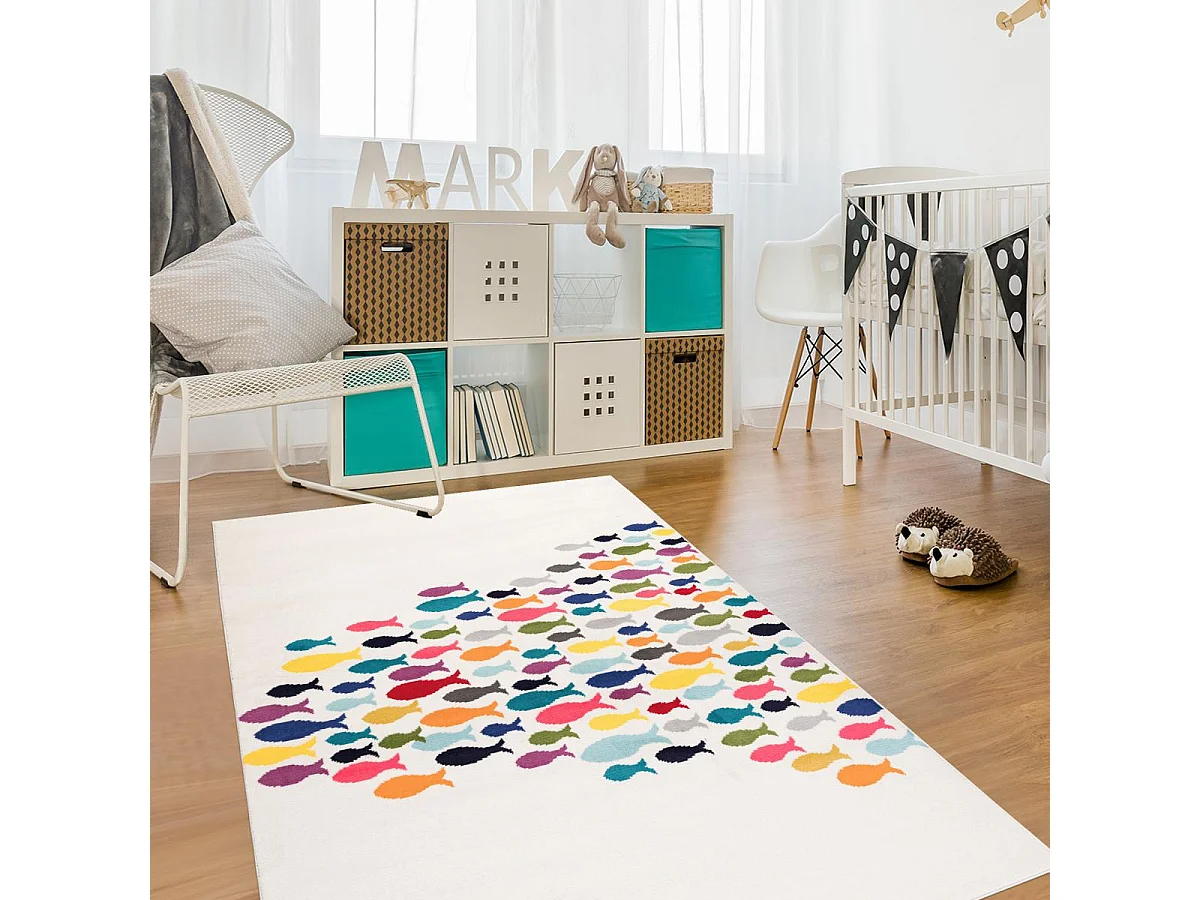 Tapis enfant 160x230 rectangle tissé crème motif animaux FISHES