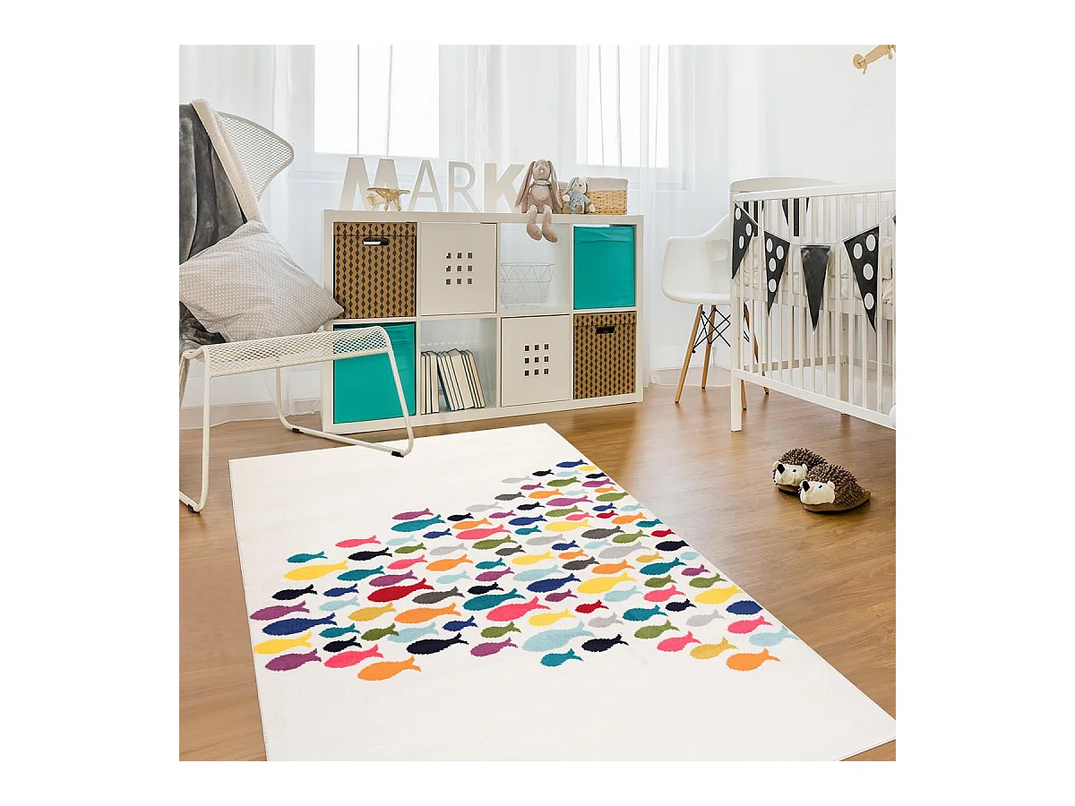 Tapis enfant 160x230 rectangle tissé crème motif animaux FISHES
