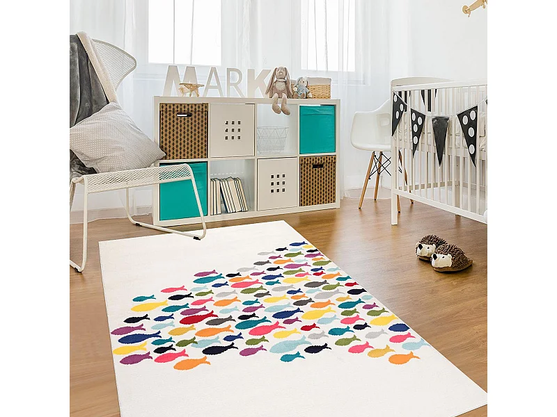 Tapis enfant 160x230 rectangle tissé crème motif animaux FISHES