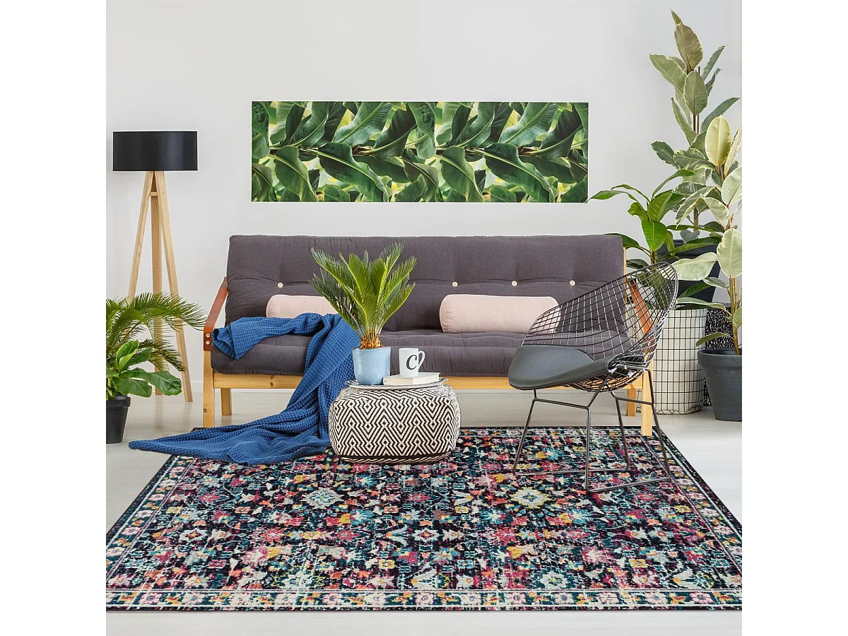 Tapis orient 120x170 rectangle bleu et bleu foncé tissé motif classique OLHA