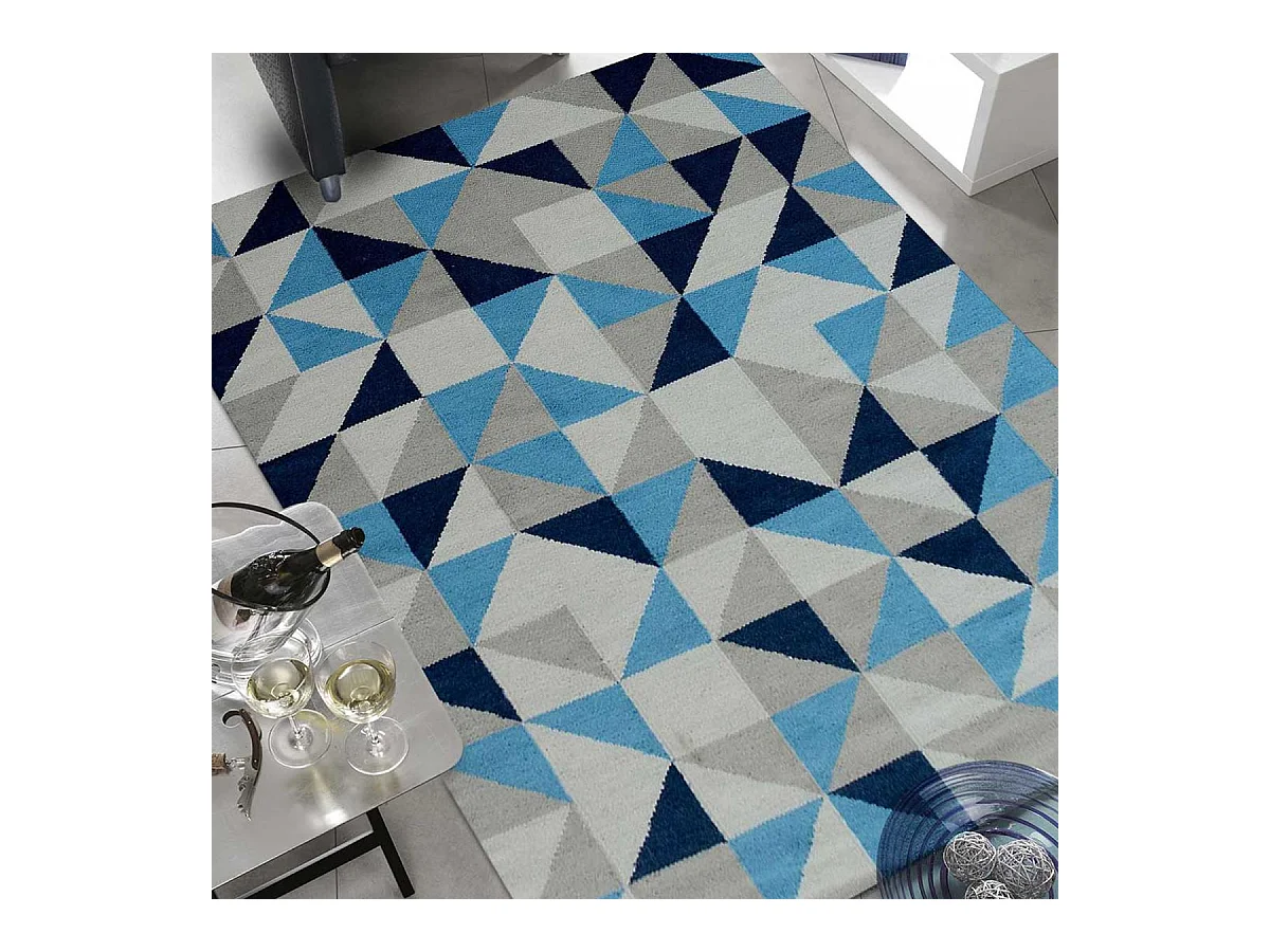 Tapis kilim 200x290 rectangle fait main en laine bleu ciel et bleu foncé