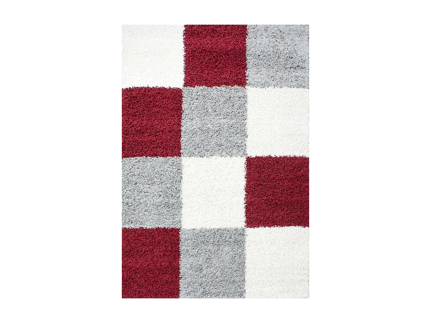 Tapis poils longs shaggy 200x290 rectangle tissé rouge et gris motif damier