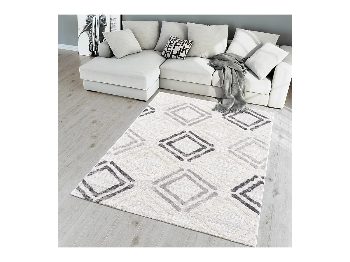 tapis salon 200x280 tissé gris clair et gris foncé rectangle motif géométrique