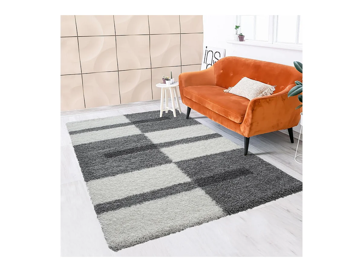 Tapis poils longs shaggy 200x290 rectangle tissé gris clair et gris foncé