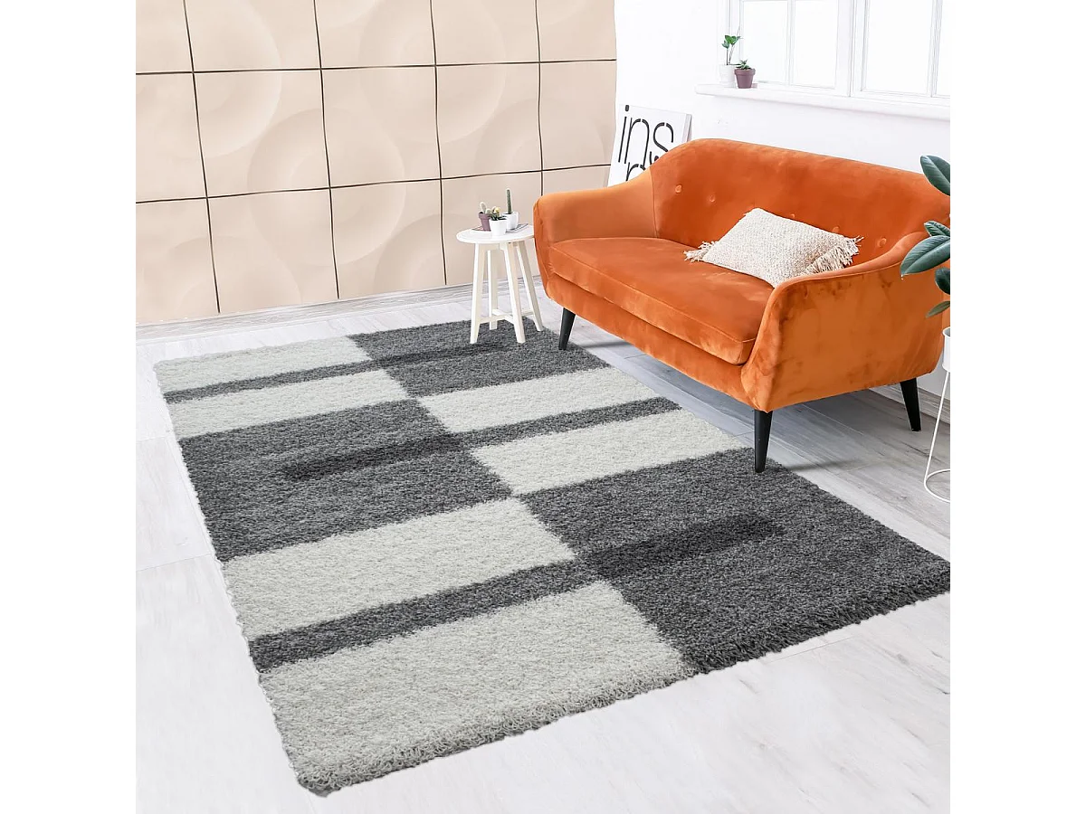 Tapis poils longs shaggy 200x290 rectangle tissé gris clair et gris foncé