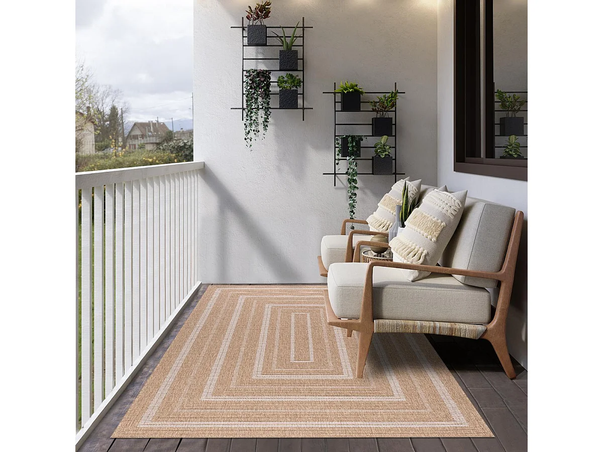 Tapis extérieur Ø160cm rond tissé kilim beige et blanc JUTE ART 5