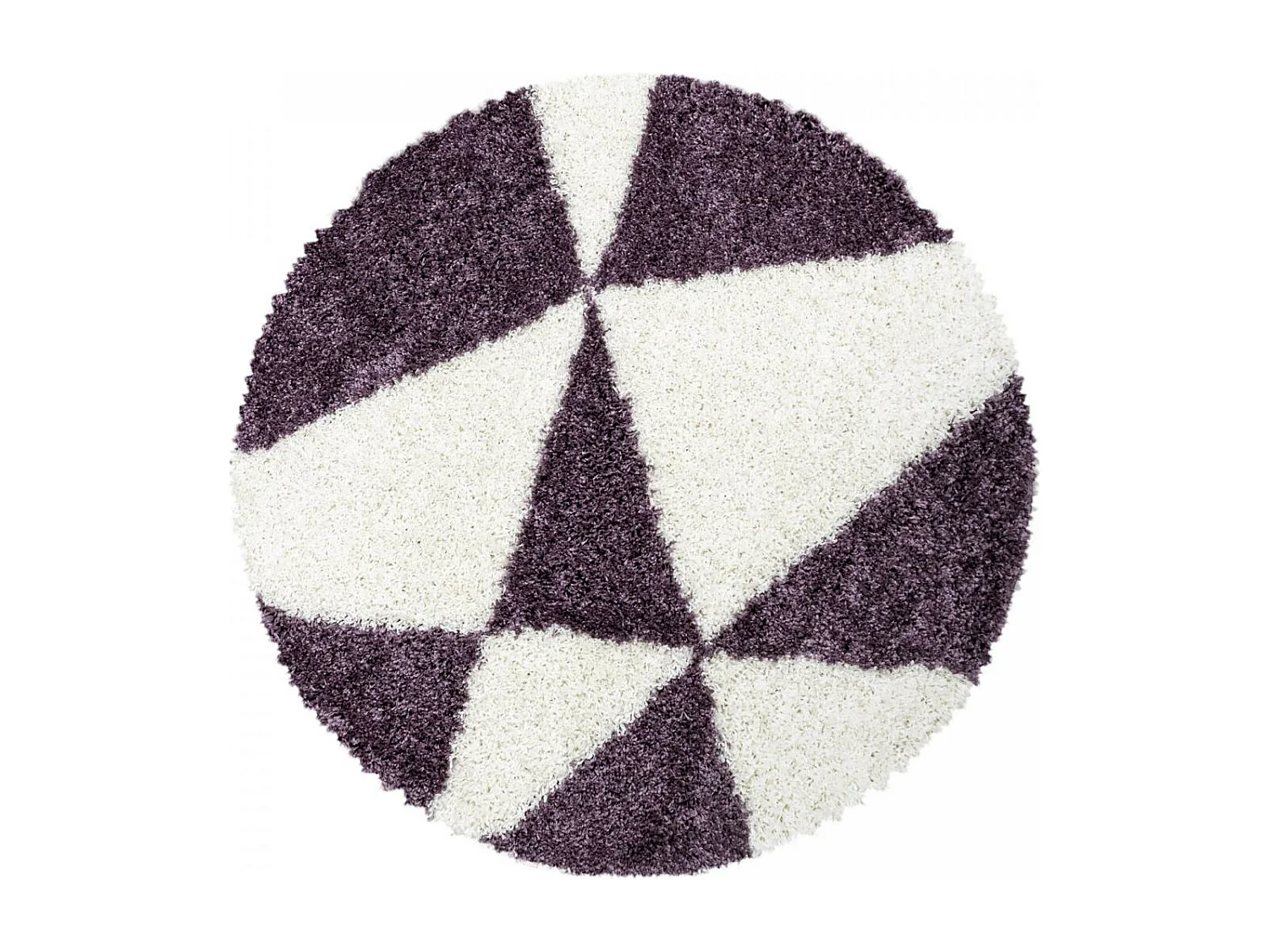 Tapis shaggy Ø120cm rond tissé violet et crème motif géométrique TRIANGLE A