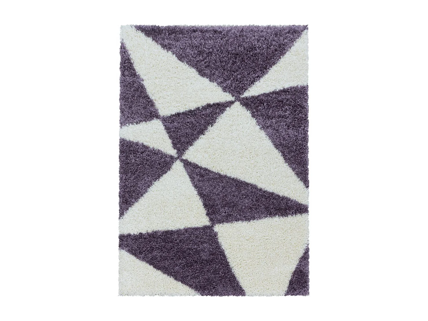 Tapis shaggy Ø120cm rond tissé violet et crème motif géométrique TRIANGLE A