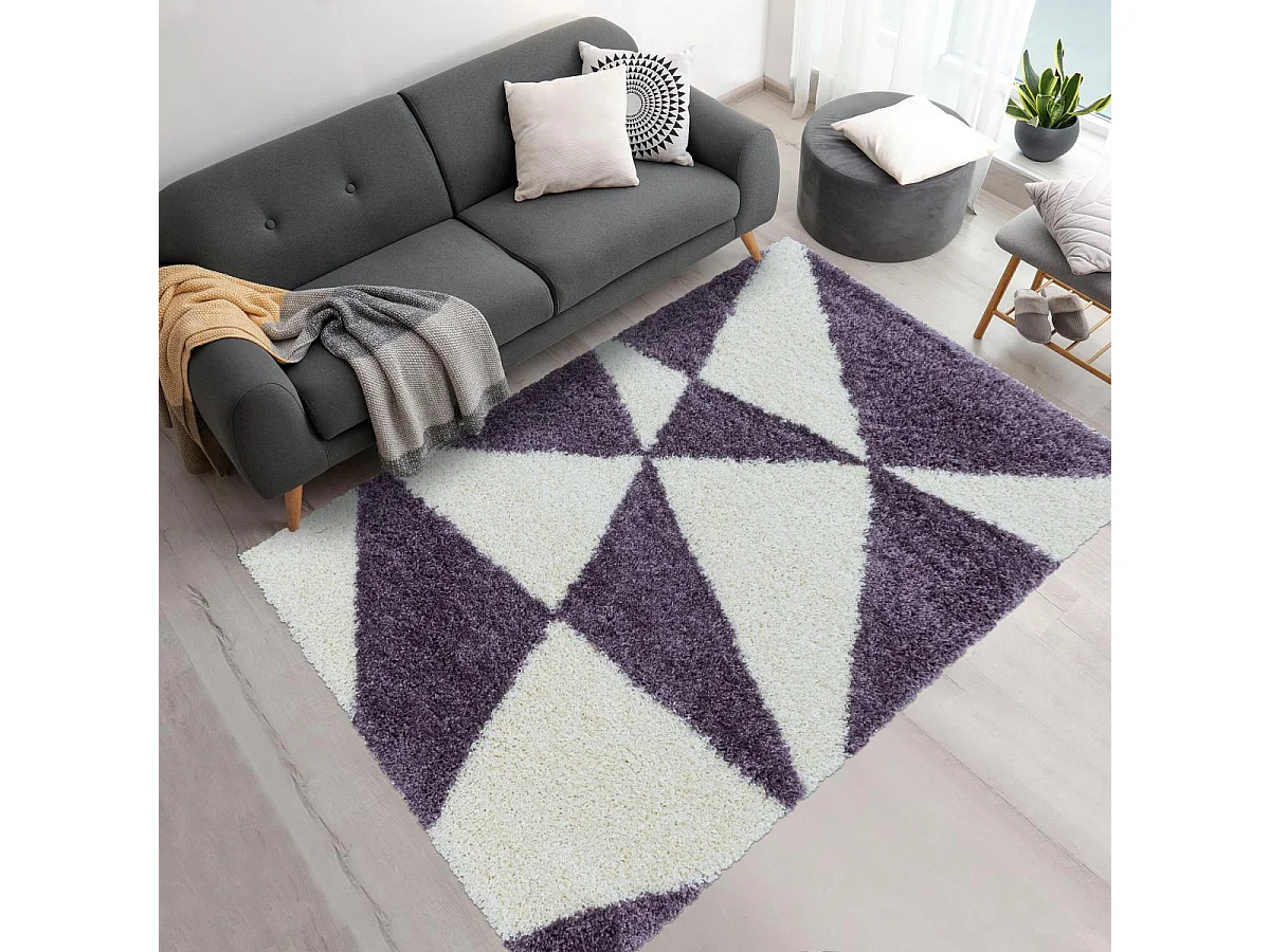 Tapis shaggy Ø120cm rond tissé violet et crème motif géométrique TRIANGLE A
