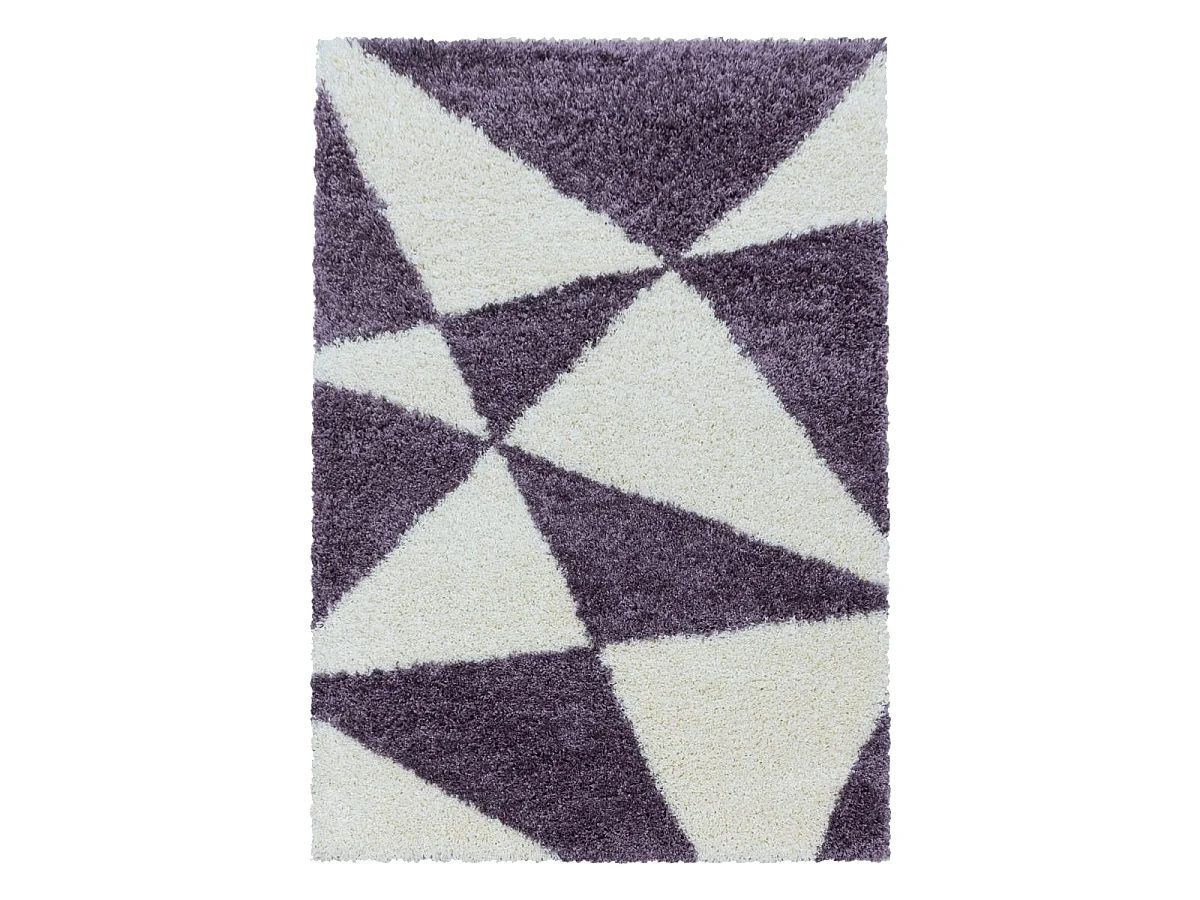Tapis shaggy Ø120cm rond tissé violet et crème motif géométrique TRIANGLE A