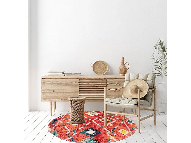 Tapis berbère rond Ø160cm tissé motifs tribaux LYN5 OURIKA bleu et jaune