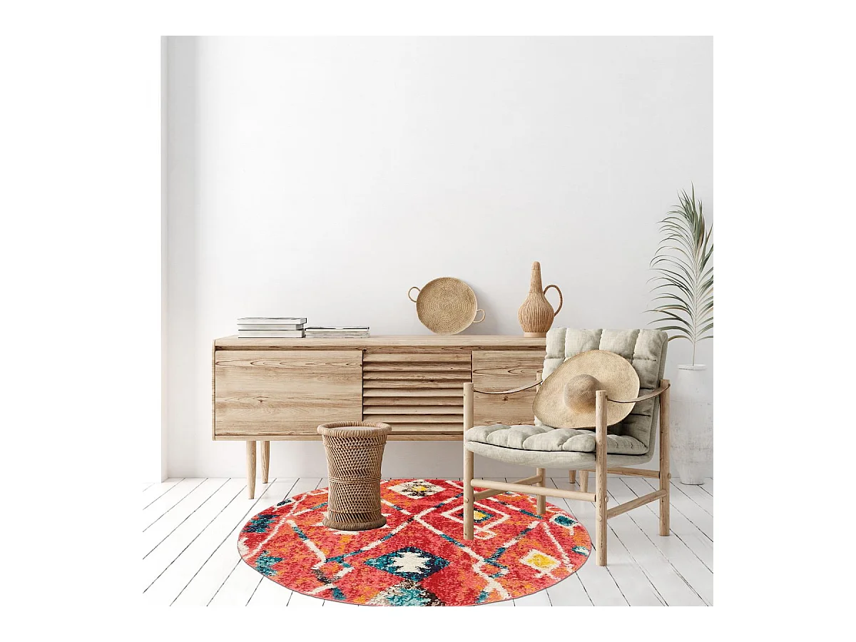 Tapis berbère rond Ø160cm tissé motifs tribaux LYN5 OURIKA bleu et jaune