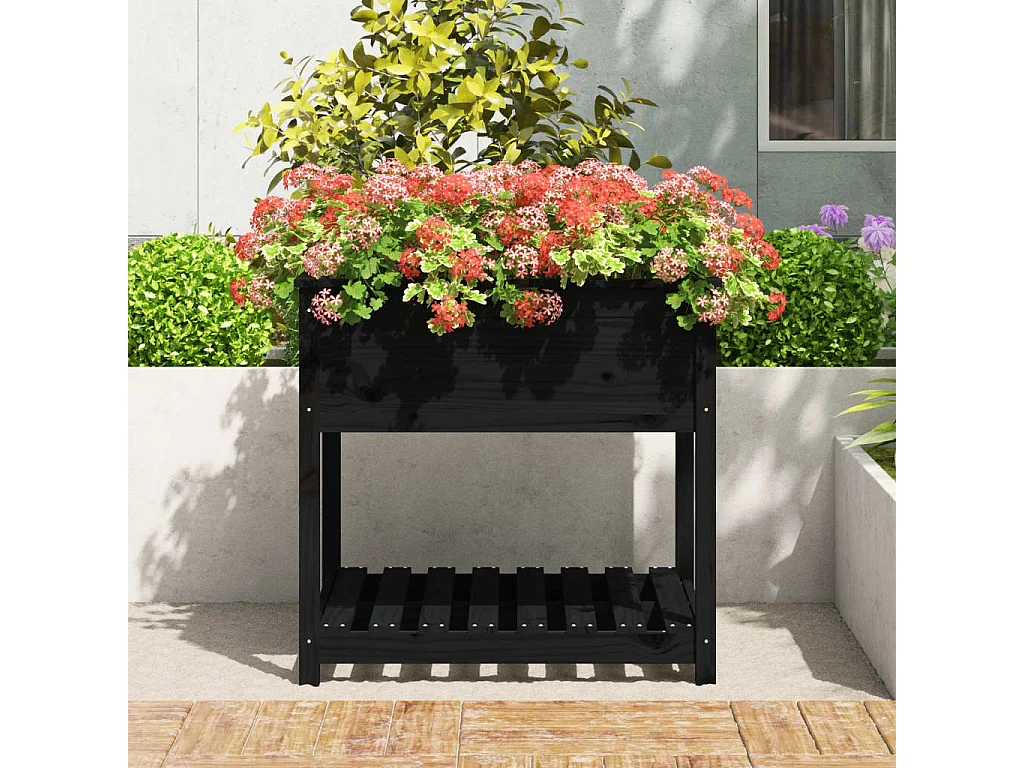 Jardinière avec étagère Noir 82,5x82,5x81 Bois massif de pin