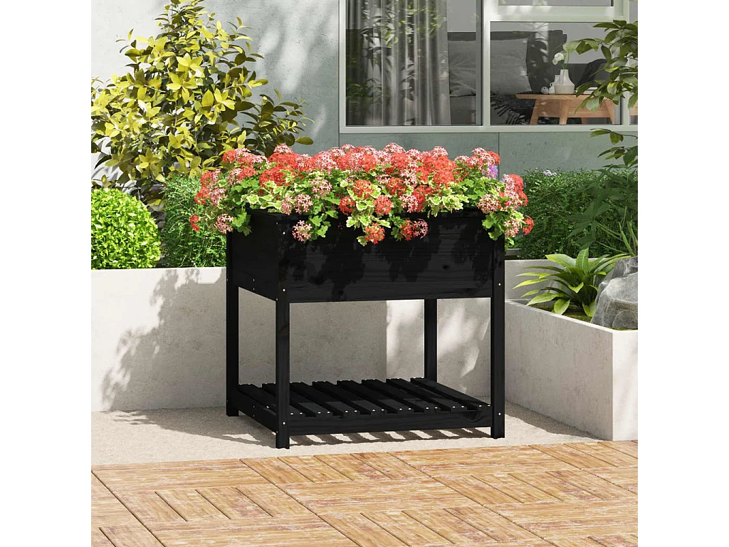Jardinière avec étagère Noir 82,5x82,5x81 Bois massif de pin