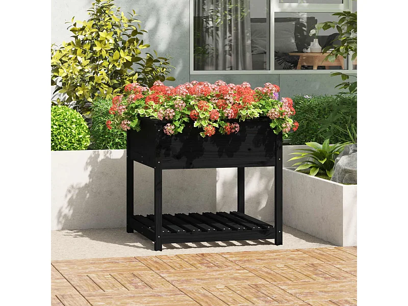 Jardinière avec étagère Noir 82,5x82,5x81 Bois massif de pin