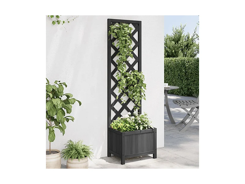 Jardinière avec treillis noir bois massif de sapin