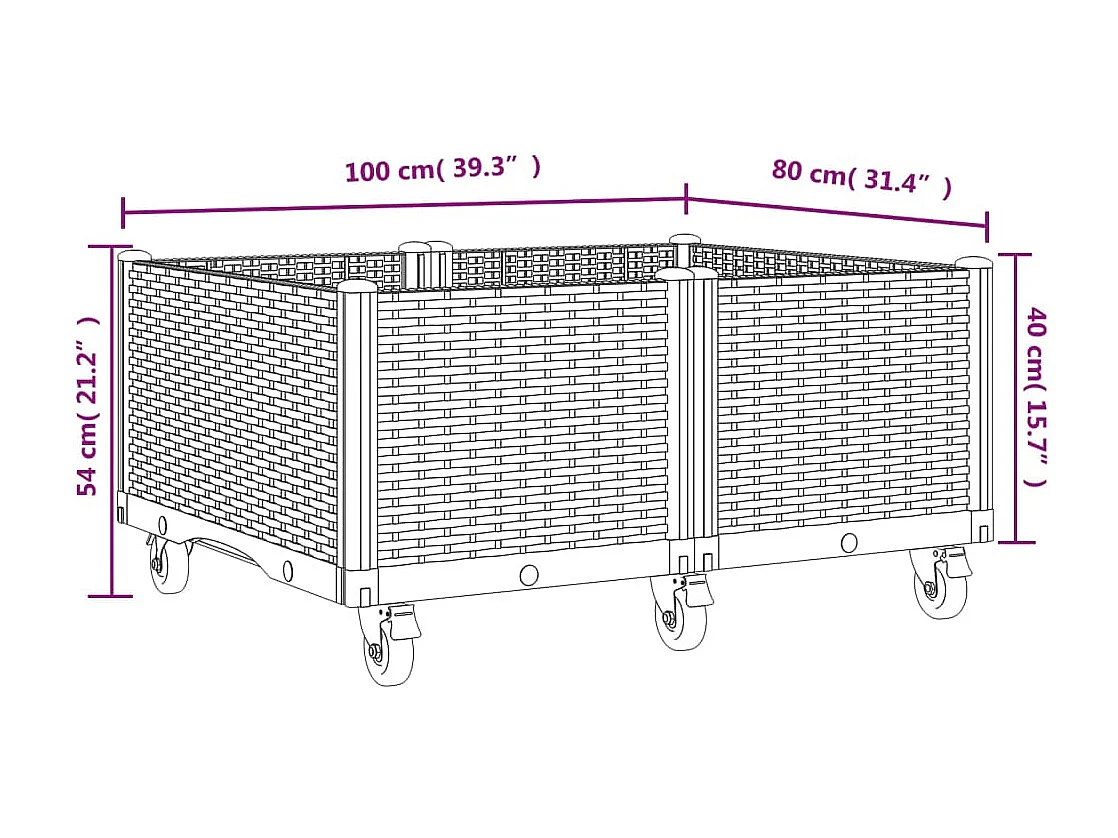 Jardinière à roulettes marron 100x80x54 PP