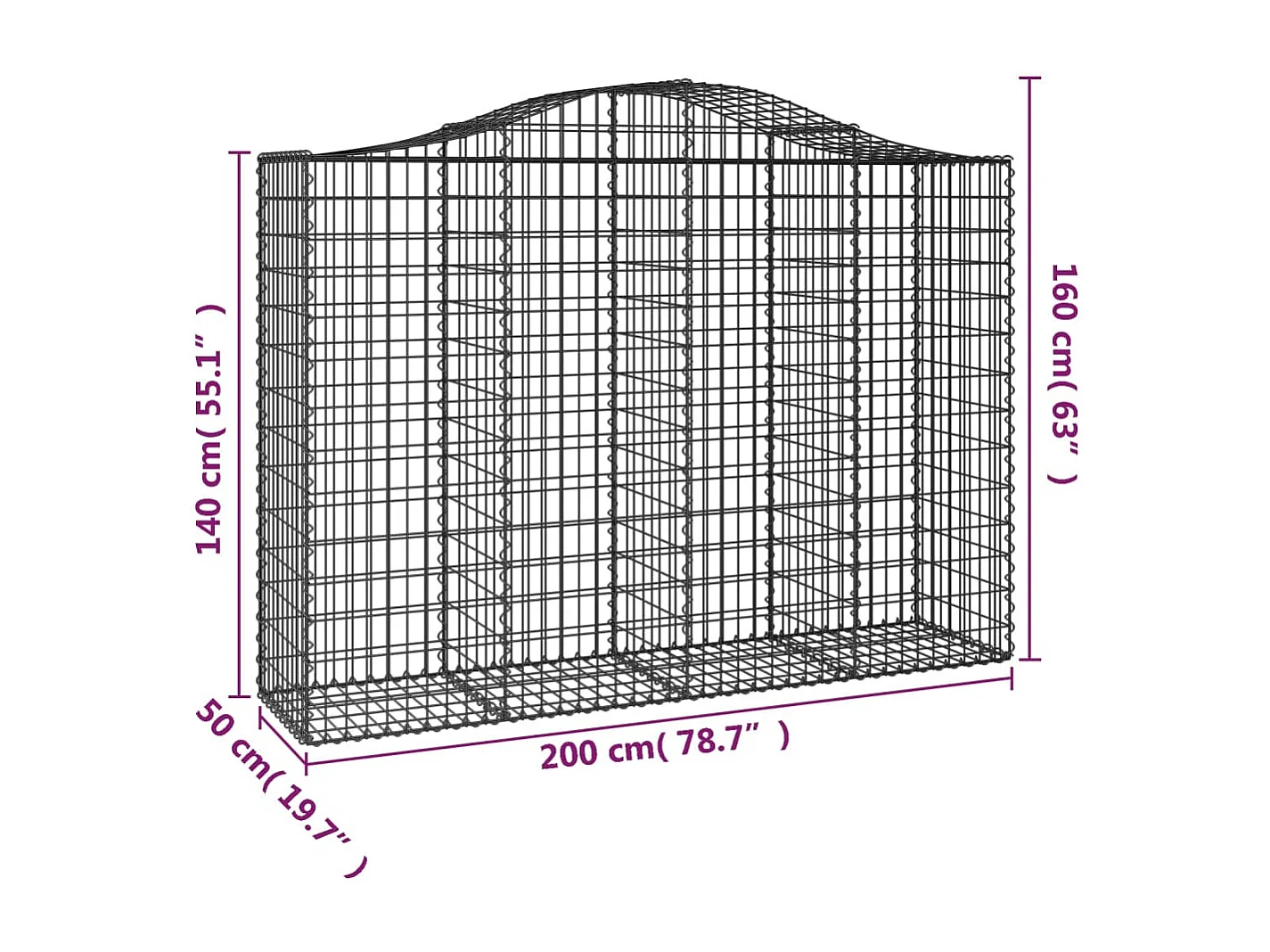 Panier de gabions arqué 200x50x140-160 Fer galvanisé