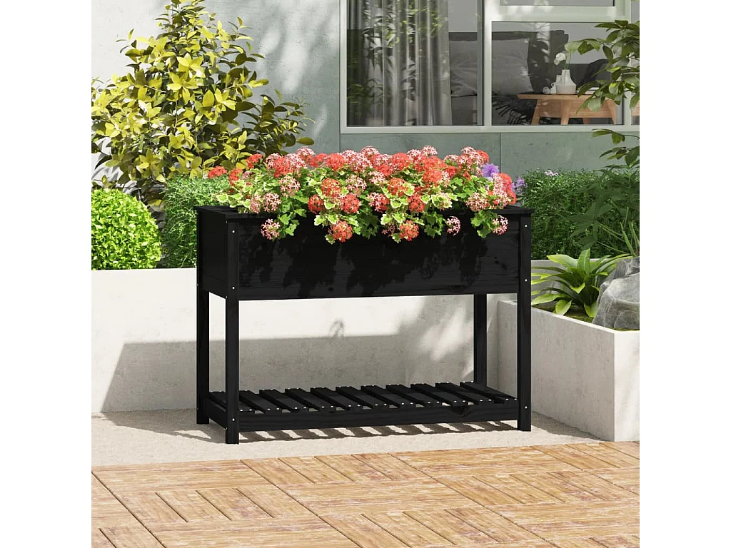 Jardinière avec étagère Noir 111,5x54x81 Bois massif de pin