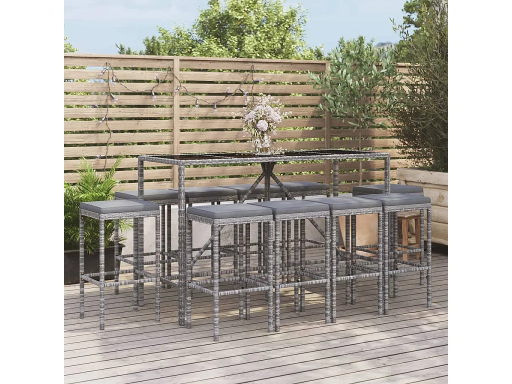 Ensemble de bar de jardin 11 pcs avec coussins gris poly rotin