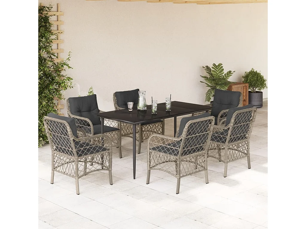 Ensemble à manger de jardin et coussins 7 pcs gris clair rotin