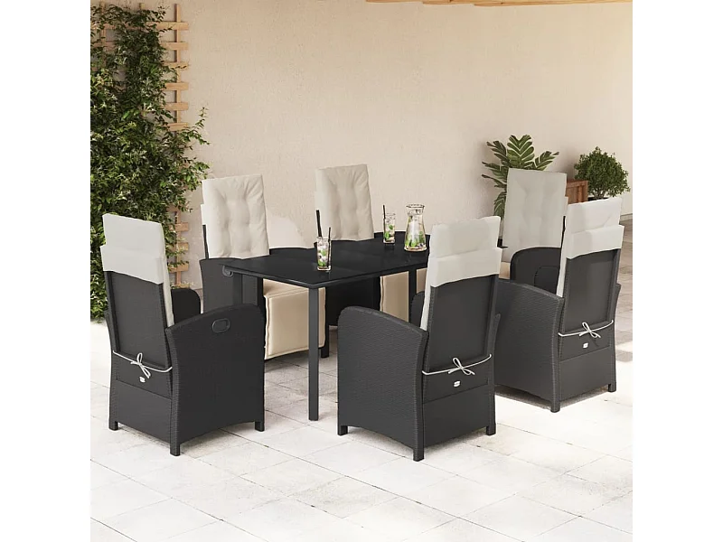 Ensemble à manger de jardin coussins 7pcs Noir Résine tressée