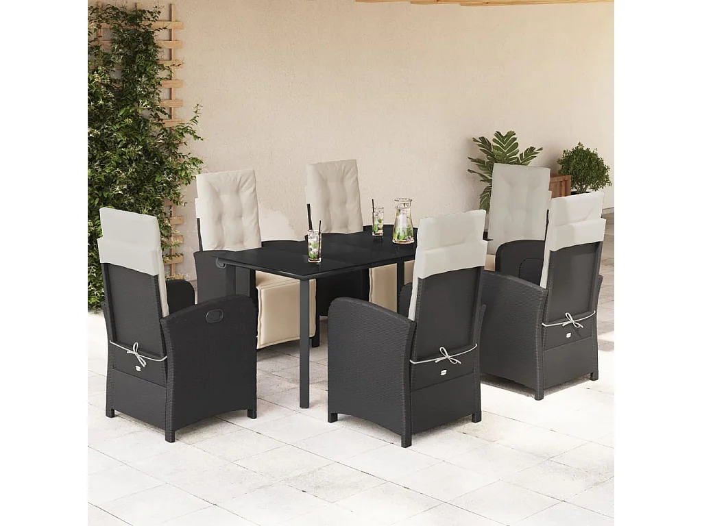 Ensemble à manger de jardin coussins 7pcs Noir Résine tressée