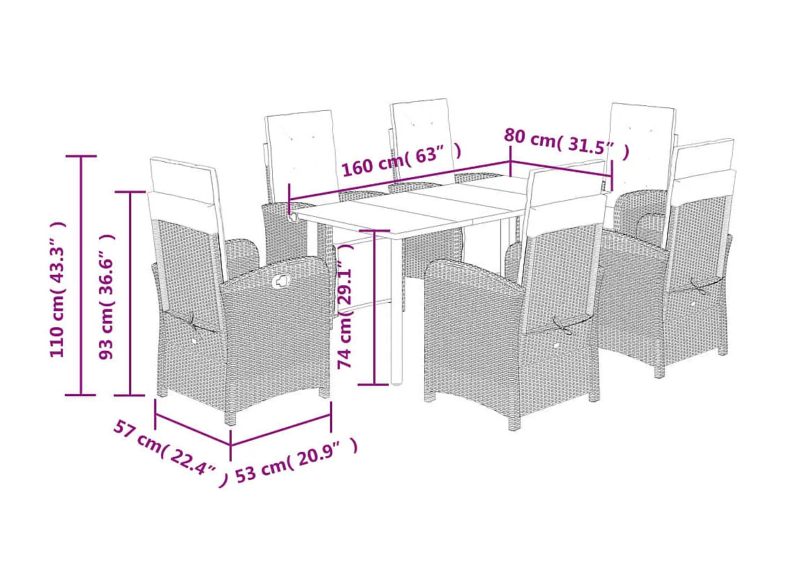 Ensemble à manger de jardin coussins 7pcs Noir Résine tressée