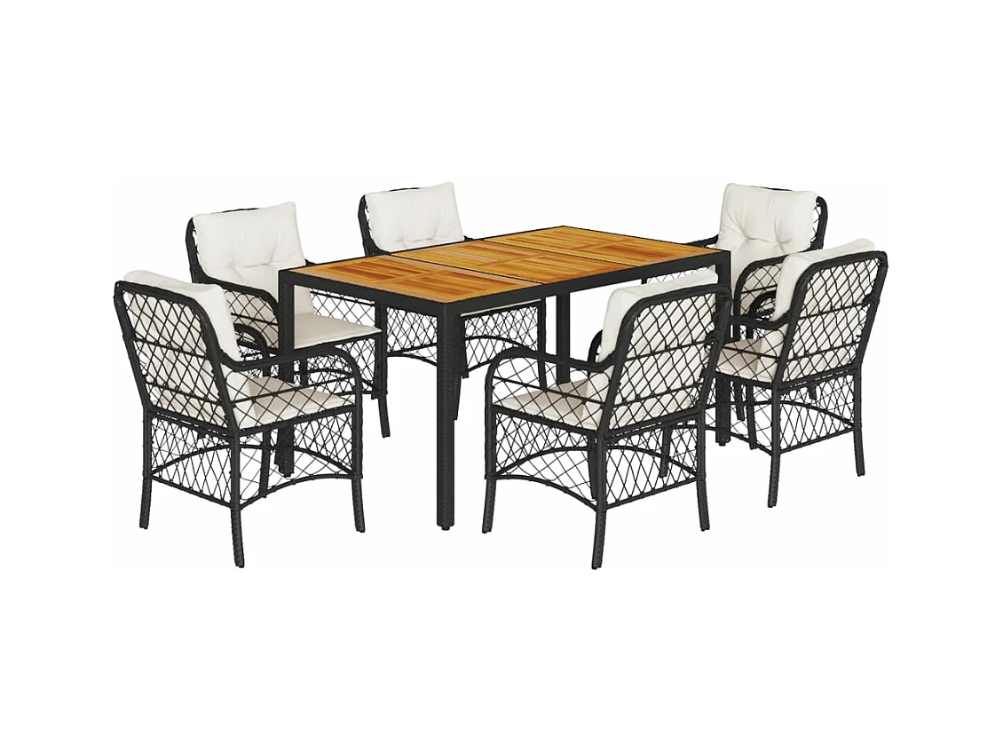 Ensemble à manger de jardin coussins 7pcs Noir Résine tressée