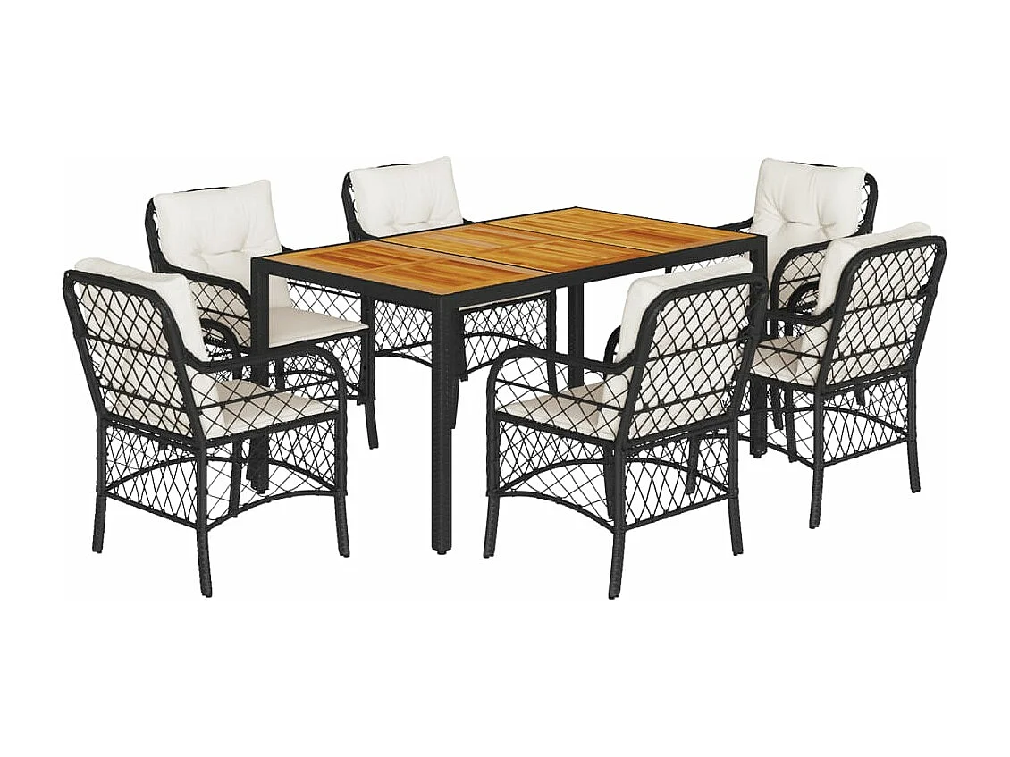 Ensemble à manger de jardin coussins 7pcs Noir Résine tressée
