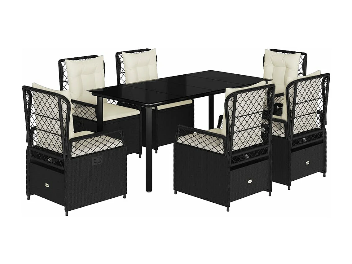 Ensemble à manger de jardin coussins 7pcs Noir Résine tressée