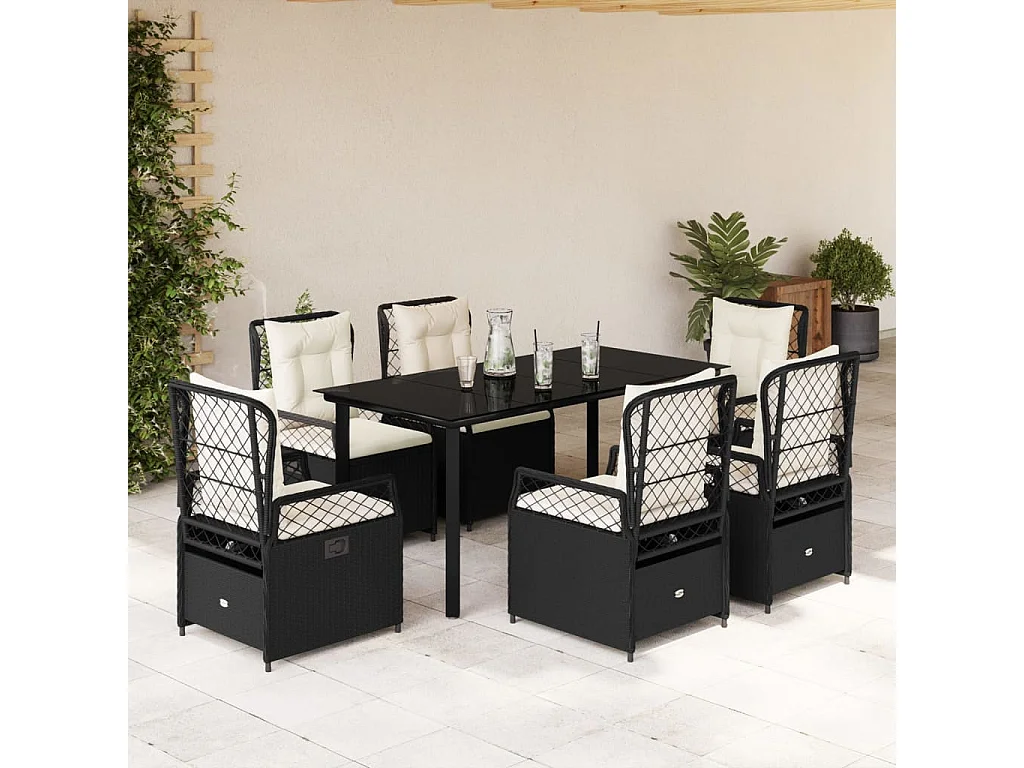 Ensemble à manger de jardin coussins 7pcs Noir Résine tressée