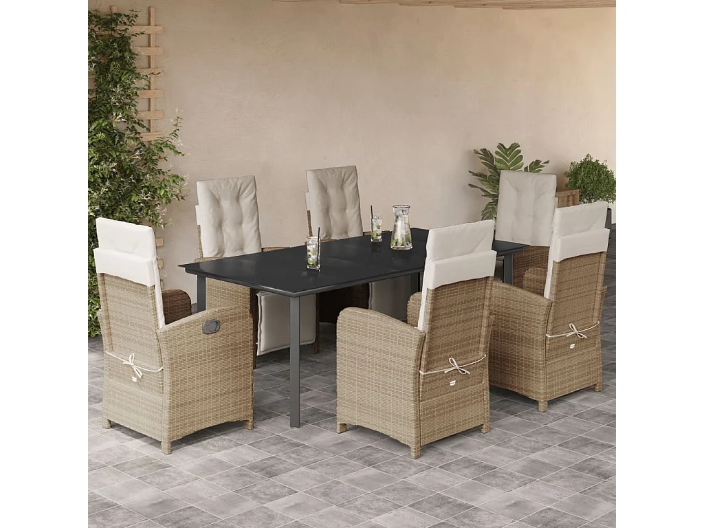 Ensemble à manger de jardin et coussins 7 pcs beige poly rotin