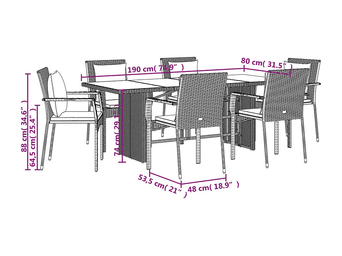 Ensemble à manger de jardin et coussins 7 pcs gris rotin