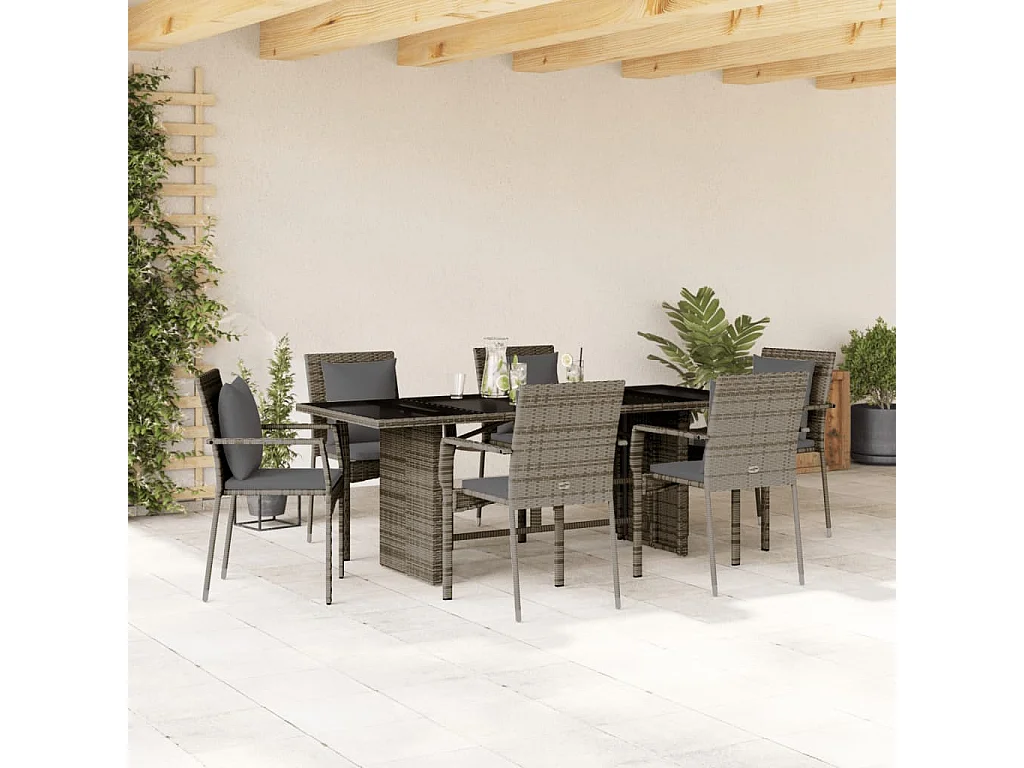 Ensemble à manger de jardin et coussins 7 pcs gris rotin