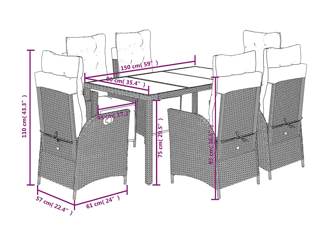 Ensemble à manger de jardin coussins 7pcs Noir Résine tressée