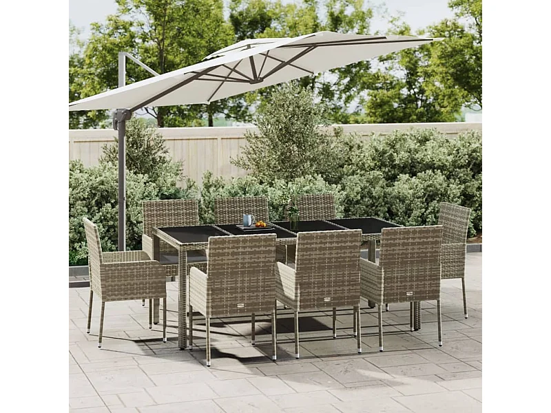 Ensemble à manger de jardin 9 pcs coussins gris résine tressée